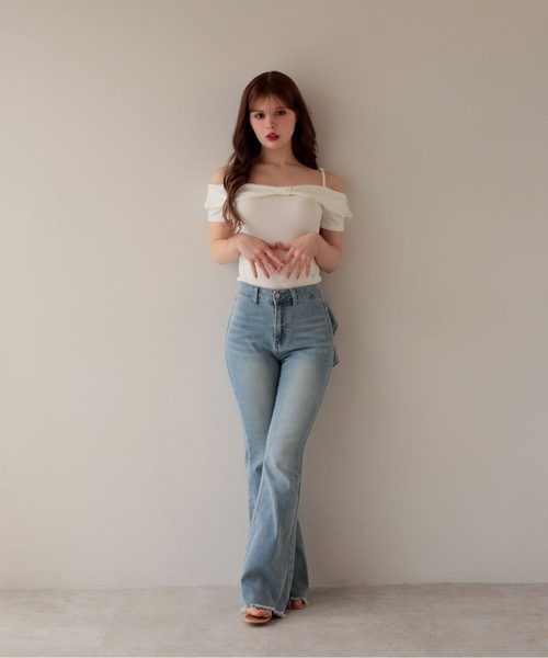M DOLLY(エムドリー)の「Ribbon ruby off shoulder tops / リボンルビーオフショルダートップス(Tシャツ/カットソー・レディース・グレー/ホワイト/ピンク・FREE)」の9枚目の写真