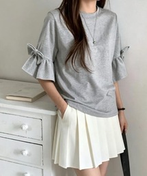 リボン フリルスリーブ T シャツ 丸首 ゆったり 半袖