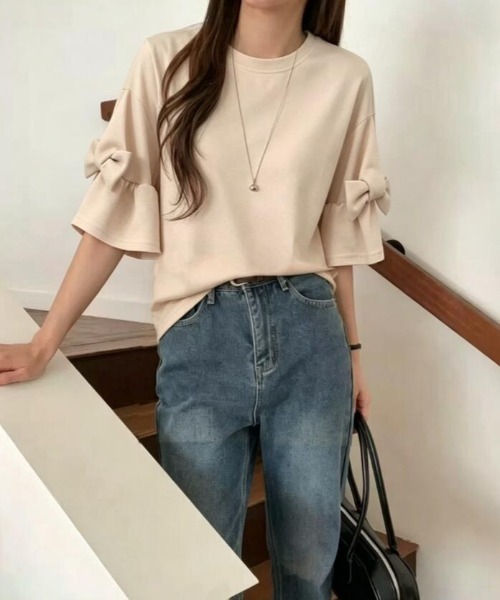 semplice(センプリチェ)の「リボン フリルスリーブ T シャツ 丸首 ゆったり 半袖(Tシャツ/カットソー・レディース・ベージュ/グレー/ブラック・F)」の10枚目の写真