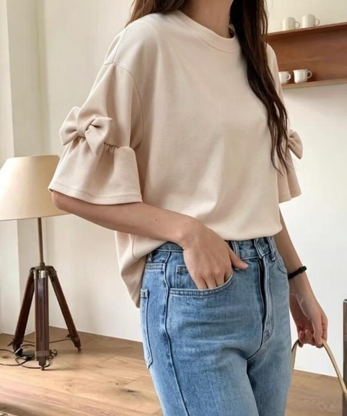 semplice(センプリチェ)の「リボン フリルスリーブ T シャツ 丸首 ゆったり 半袖(Tシャツ/カットソー・レディース・ベージュ/グレー/ブラック・F)」の11枚目の写真