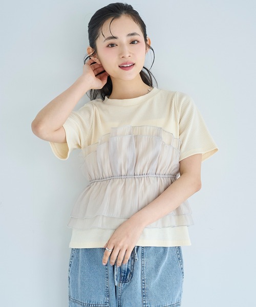 mil(ミル)の「オーガンジー ビスチェ ドッキング トップス /レイヤード風 【587205】(Tシャツ/カットソー・レディース・アイボリー/ブラック/チャコールグレー・XS/S)」の2枚目の写真