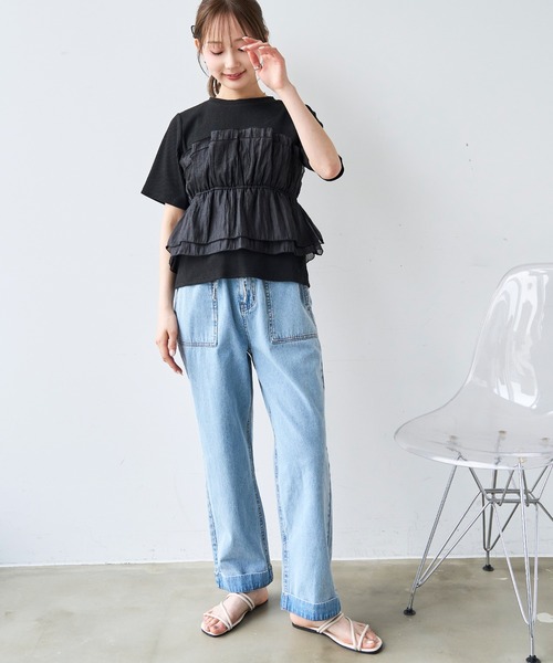 mil(ミル)の「オーガンジー ビスチェ ドッキング トップス /レイヤード風 【587205】(Tシャツ/カットソー・レディース・アイボリー/ブラック/チャコールグレー・XS/S)」の5枚目の写真