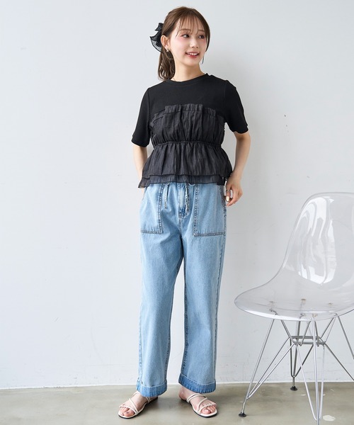 mil(ミル)の「オーガンジー ビスチェ ドッキング トップス /レイヤード風 【587205】(Tシャツ/カットソー・レディース・アイボリー/ブラック/チャコールグレー・XS/S)」の7枚目の写真