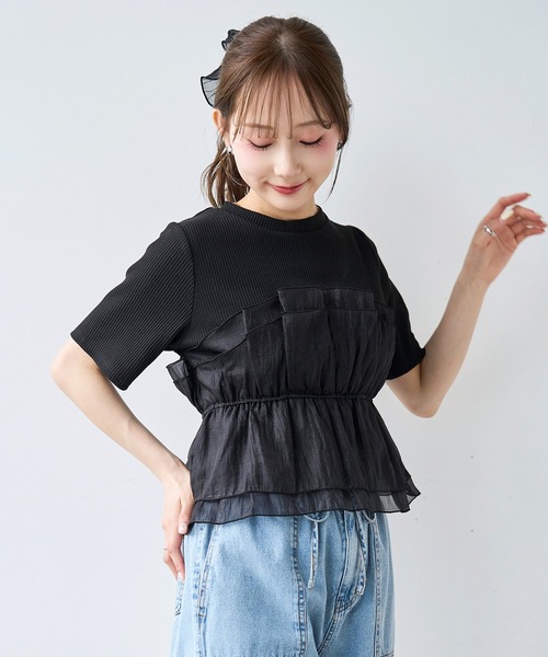 mil(ミル)の「オーガンジー ビスチェ ドッキング トップス /レイヤード風 【587205】(Tシャツ/カットソー・レディース・アイボリー/ブラック/チャコールグレー・XS/S)」の9枚目の写真