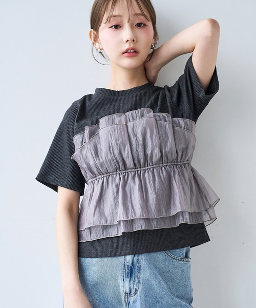 mil(ミル)の「オーガンジー ビスチェ ドッキング トップス /レイヤード風 【587205】(Tシャツ/カットソー・レディース・アイボリー/ブラック/チャコールグレー・XS/S)」の12枚目の写真