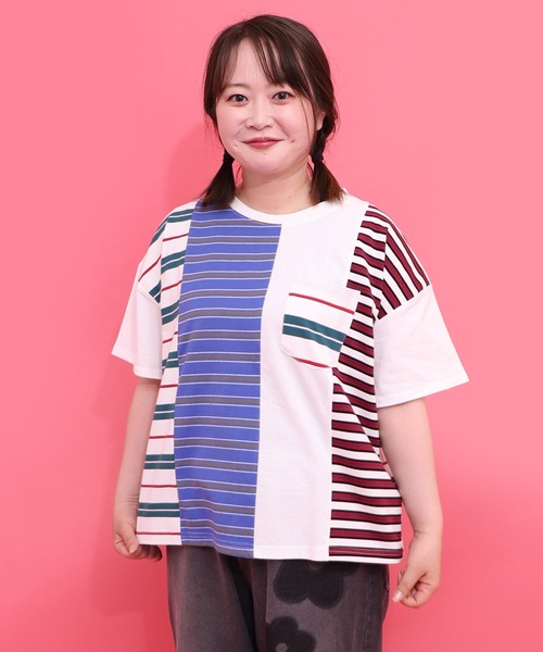 ScoLar（スカラー）の「162696：ボーダー切替 スカラーちゃんバックプリントTシャツ（Tシャツ/カットソー・レディース・オフホワイト/アイボリー/ブラック・M）」の2枚目の写真