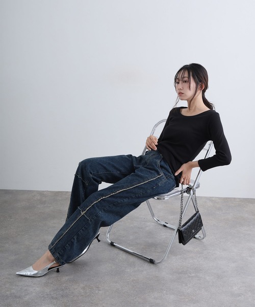 ElegChic(エレグシック)の「クロスフリンジワイドデニムパンツ(デニムパンツ・レディース・ネイビー/ブルー系その他/ブルー・M/XXL/L/XL/4L)」の10枚目の写真