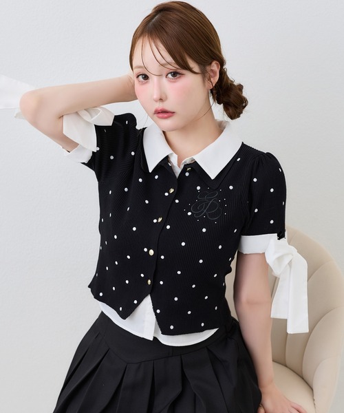 one after another NICE CLAUP(ワンアフターアナザーナイスクラップ)の「袖リボンシャツドッキング刺繍入りニット(ニット/セーター・レディース・ネイビー/ブラウン/ベージュ/ブラック系その他・FREE)」の7枚目の写真
