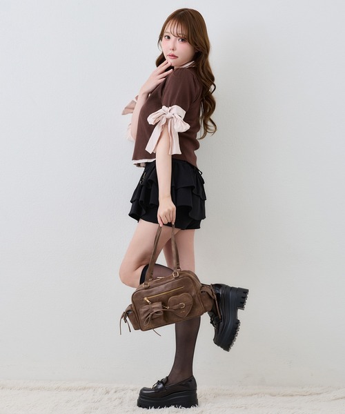 one after another NICE CLAUP(ワンアフターアナザーナイスクラップ)の「袖リボンシャツドッキング刺繍入りニット(ニット/セーター・レディース・ネイビー/ブラウン/ベージュ/ブラック系その他・FREE)」の9枚目の写真