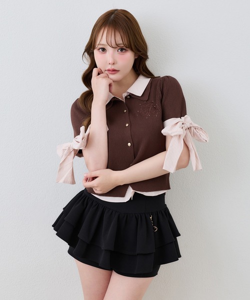 one after another NICE CLAUP(ワンアフターアナザーナイスクラップ)の「袖リボンシャツドッキング刺繍入りニット(ニット/セーター・レディース・ネイビー/ブラウン/ベージュ/ブラック系その他・FREE)」の10枚目の写真