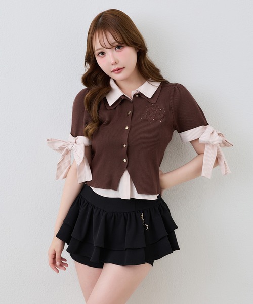 one after another NICE CLAUP(ワンアフターアナザーナイスクラップ)の「袖リボンシャツドッキング刺繍入りニット(ニット/セーター・レディース・ネイビー/ブラウン/ベージュ/ブラック系その他・FREE)」の12枚目の写真