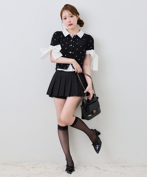 one after another NICE CLAUP(ワンアフターアナザーナイスクラップ)の「袖リボンシャツドッキング刺繍入りニット(ニット/セーター・レディース・ネイビー/ブラウン/ベージュ/ブラック系その他・FREE)」の5枚目の写真
