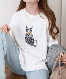 BRODIAEA ネコシルエットレースプリント半袖Tシャツ