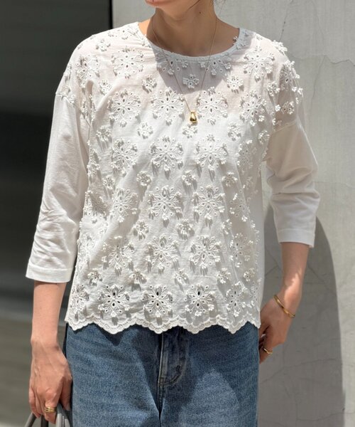 BEARDSLEY（ビアズリー）の「ツブツブフロント刺繍カットソー（Tシャツ/カットソー・レディース・ブラック/ホワイト・FREE）」の3枚目の写真