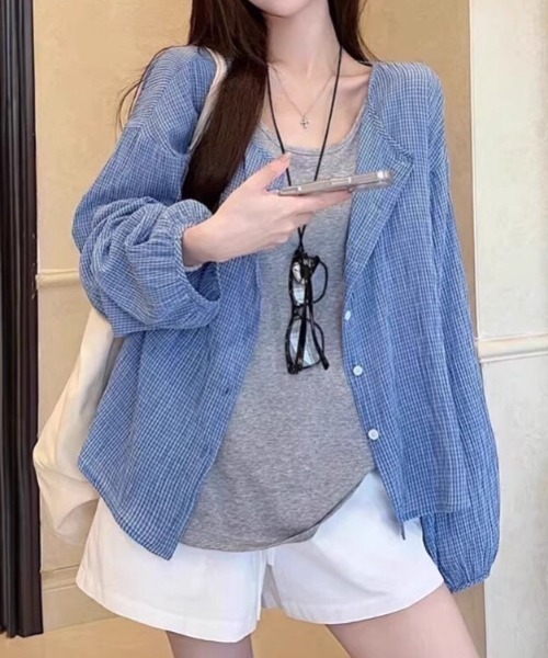 NANEA（ナネア）の「シアーチェックノーカラーシャツ（シャツ/ブラウス・レディース・ブルー・LARGE）」の5枚目の写真
