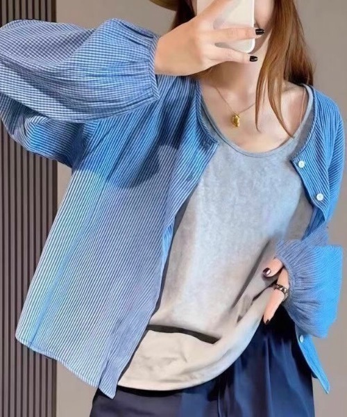 NANEA（ナネア）の「シアーチェックノーカラーシャツ（シャツ/ブラウス・レディース・ブルー・LARGE）」の4枚目の写真