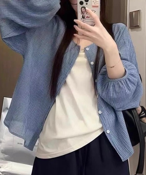 NANEA（ナネア）の「シアーチェックノーカラーシャツ（シャツ/ブラウス・レディース・ブルー・LARGE）」の7枚目の写真