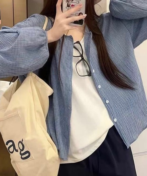 NANEA（ナネア）の「シアーチェックノーカラーシャツ（シャツ/ブラウス・レディース・ブルー・LARGE）」の2枚目の写真