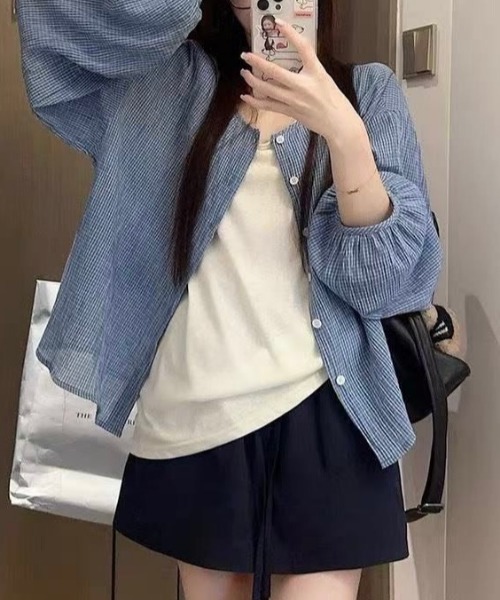 NANEA（ナネア）の「シアーチェックノーカラーシャツ（シャツ/ブラウス・レディース・ブルー・LARGE）」の3枚目の写真
