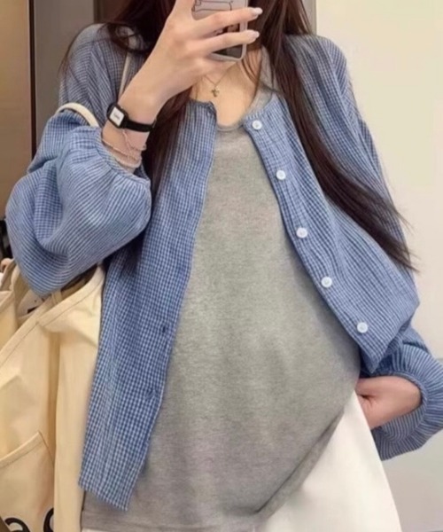 NANEA（ナネア）の「シアーチェックノーカラーシャツ（シャツ/ブラウス・レディース・ブルー・LARGE）」の6枚目の写真
