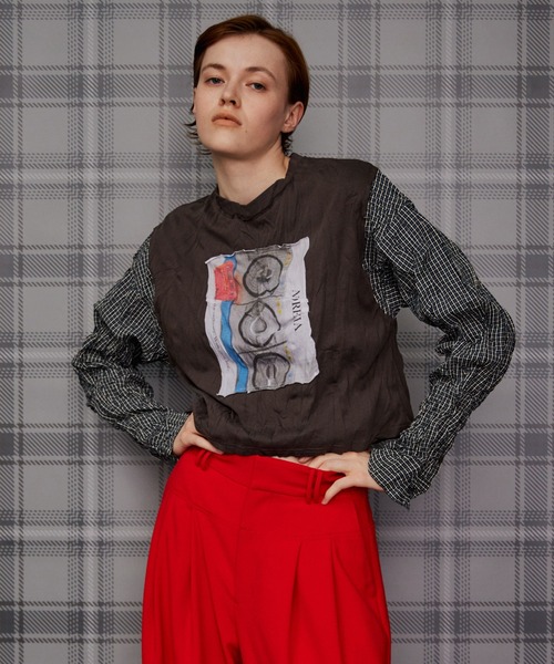 MAISON SPECIAL（メゾンスペシャル）の「Washer Shirt Docking Print T-Shirt/ワッシャーシャツドッキングプリントTEE（Tシャツ/カットソー・レディース・チャコールグレー/グレー/ブラウン・FREE）」の4枚目の写真