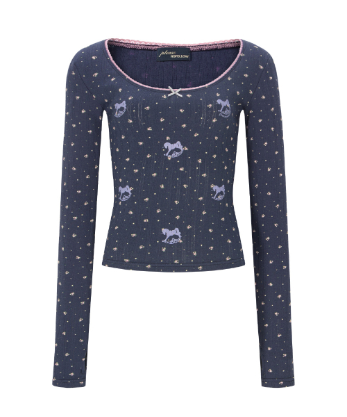 PLEASENOFOLLOW(プリーズノーフォロー)の「Pony Flower Lace Long Sleeve Top (Navy)(Tシャツ/カットソー・レディース・その他・FREE)」の2枚目の写真