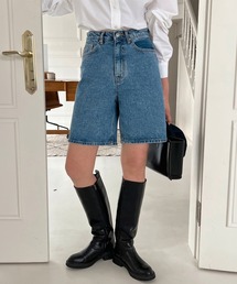 デニムハーフパンツ / ハーフデニム ハーフパンツ デニムパンツ ショートパンツ 膝丈 ミドル丈 ハイウエスト コットン 綿 ベーシック カジュアル レディース 韓国 春 夏 秋