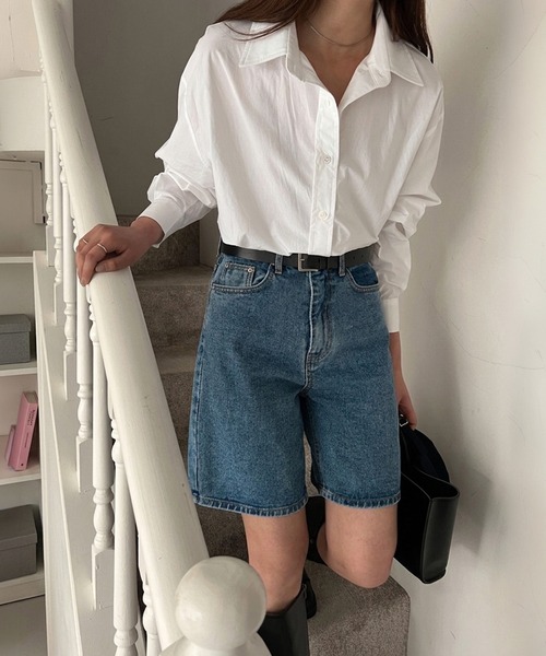 HEILIS(ヘイリス)の「デニムハーフパンツ / ハーフデニム ハーフパンツ デニムパンツ ショートパンツ 膝丈 ミドル丈 ハイウエスト コットン 綿 ベーシック カジュアル レディース 韓国 春 夏 秋(デニムパンツ・レディース・ブルー・L/M)」の2枚目の写真