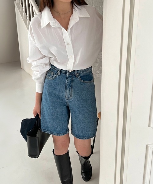 HEILIS(ヘイリス)の「デニムハーフパンツ / ハーフデニム ハーフパンツ デニムパンツ ショートパンツ 膝丈 ミドル丈 ハイウエスト コットン 綿 ベーシック カジュアル レディース 韓国 春 夏 秋(デニムパンツ・レディース・ブルー・L/M)」の4枚目の写真