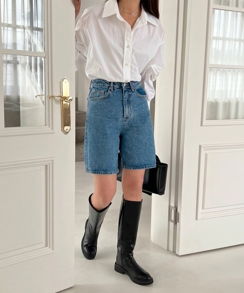 HEILIS(ヘイリス)の「デニムハーフパンツ / ハーフデニム ハーフパンツ デニムパンツ ショートパンツ 膝丈 ミドル丈 ハイウエスト コットン 綿 ベーシック カジュアル レディース 韓国 春 夏 秋(デニムパンツ・レディース・ブルー・L/M)」の7枚目の写真