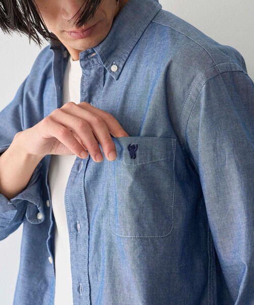 coen(コーエン)の「ワンポイントベア刺繍 ボタンダウンシャンブレーシャツ(シャツ/ブラウス・メンズ・コバルトブルー・S/M/L/XL)」の8枚目の写真