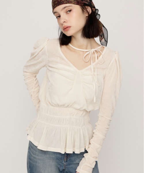 SLY（スライ）の「SHEER VELOUR SHIRRING TOPS シアーベロアシャーリングトップス 秋服（シャツ/ブラウス・レディース・アイボリー/ブラック・FREE）」の19枚目の写真