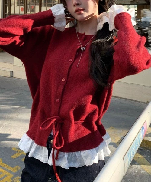 kirakiraShop(キラキラショップ)の「裾フリル ドロスト ニット カーディガン(ニット/セーター・レディース・オフホワイト/ブラック/チャコール/レッド・FREE)」の13枚目の写真