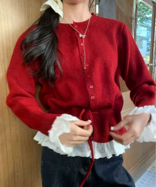 kirakiraShop(キラキラショップ)の「裾フリル ドロスト ニット カーディガン(ニット/セーター・レディース・オフホワイト/ブラック/チャコール/レッド・FREE)」の16枚目の写真
