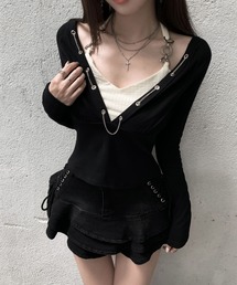 ジップデザイン フェイクレイヤードホルター風スリムフィットトップス