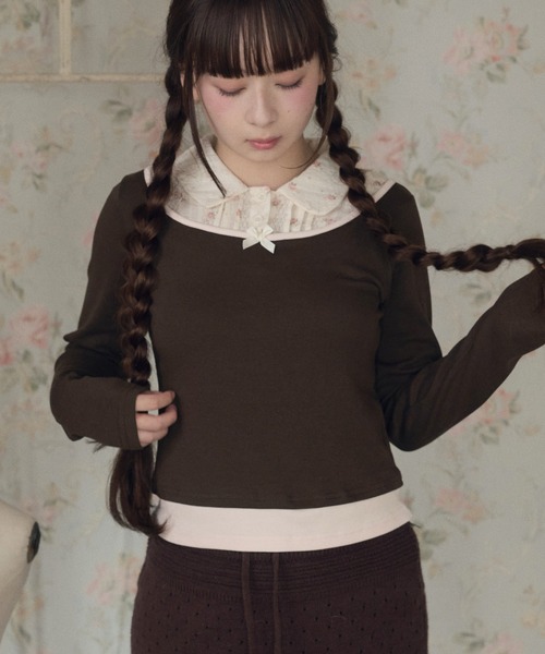 LiLIN(リリン)の「フラワー リボン 配色 レイヤード風 トップス(Tシャツ/カットソー・レディース・ピンク/ブラウン・FREE)」の2枚目の写真