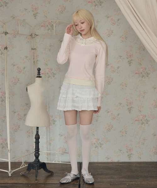 LiLIN(リリン)の「フラワー リボン 配色 レイヤード風 トップス(Tシャツ/カットソー・レディース・ピンク/ブラウン・FREE)」の5枚目の写真