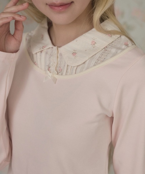 LiLIN(リリン)の「フラワー リボン 配色 レイヤード風 トップス(Tシャツ/カットソー・レディース・ピンク/ブラウン・FREE)」の7枚目の写真