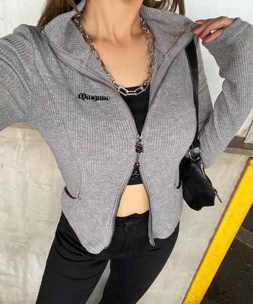 non-hedge(ノンヘッジ)の「ダブルジップバックロゴリブニットトップス(Tシャツ/カットソー・レディース・グレー/ブラウン/ブラック・FREE)」の3枚目の写真