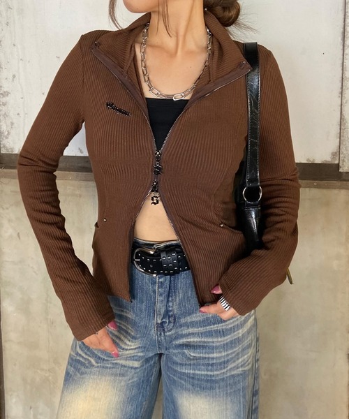 non-hedge(ノンヘッジ)の「ダブルジップバックロゴリブニットトップス(Tシャツ/カットソー・レディース・グレー/ブラウン/ブラック・FREE)」の4枚目の写真