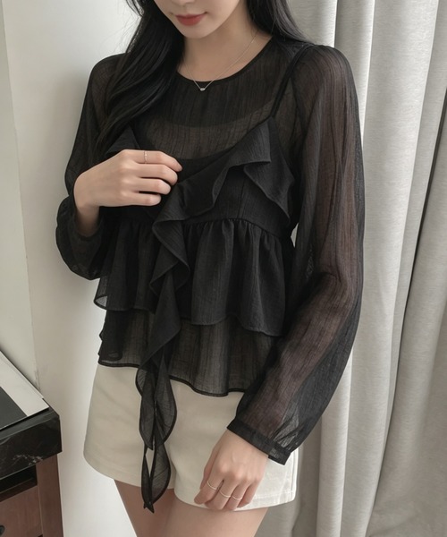 FLINEA(フリネア)の「クルーネックフリルフェイクレイヤードブラウス(シャツ/ブラウス・レディース・ホワイト/ブラック・FREE)」の12枚目の写真