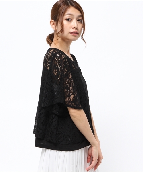 E hyphen world gallery（イーハイフンワールドギャラリー）の「袖フレアレースプルオーバー（Tシャツ/カットソー・レディース・ブラック/オフホワイト・FREE）」の2枚目の写真