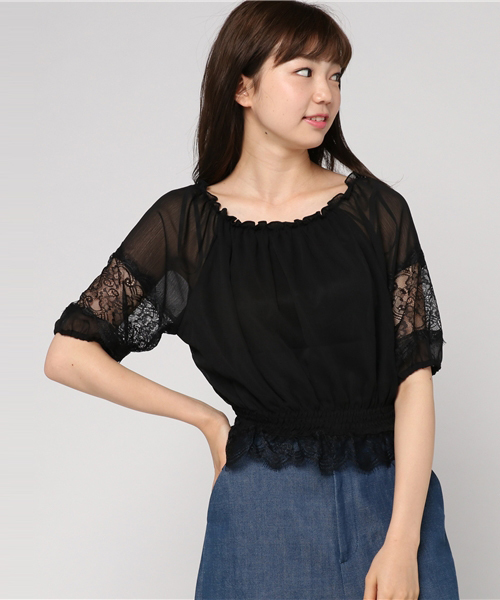 VENCEEXCHANGE(ヴァンスエクスチェンジ)の「レース配色スモッグ(Tシャツ/カットソー・レディース・ホワイト/ブラック・MEDIUM)」の2枚目の写真