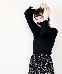 袖リボン リブ ボトルネックニット/リブセーター