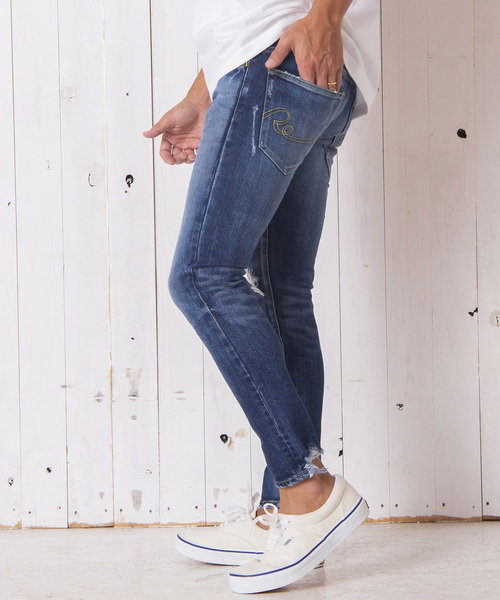 #Re:room（リルーム）の「ヴィンテージクラッシュカットスキニーデニム（デニムパンツ・メンズ・ダークブルー/ブルー・MEDIUM/LARGE）」の12枚目の写真