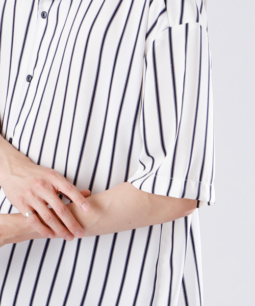 MONO-MART（モノマート）の「サテンストライプオープンカラーシャツ(1/2 sleeve)（シャツ/ブラウス・メンズ・ホワイト/ブラック/ネイビー・FREE）」の6枚目の写真