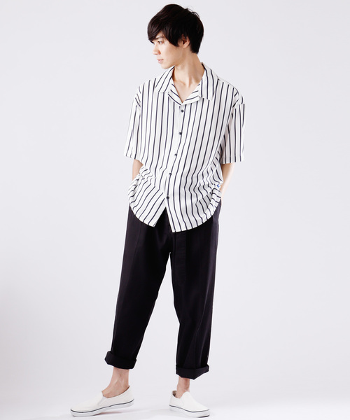 MONO-MART（モノマート）の「サテンストライプオープンカラーシャツ(1/2 sleeve)（シャツ/ブラウス・メンズ・ホワイト/ブラック/ネイビー・FREE）」の9枚目の写真