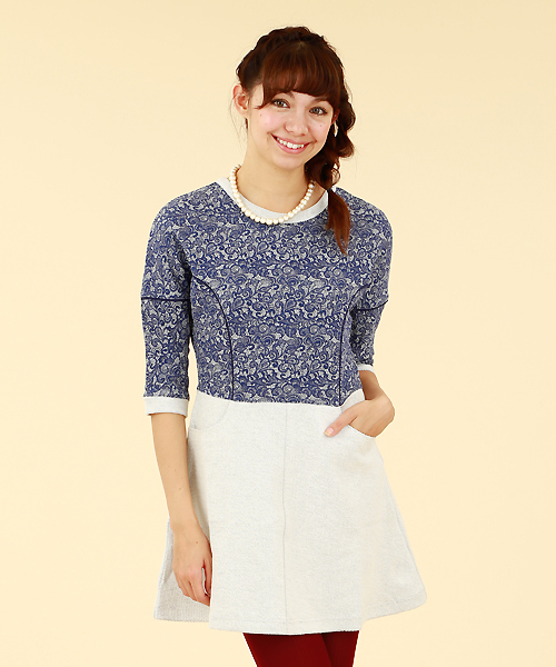 B:MING by BEAMS（ビーミングバイビームス）の「□ビーミング by ビームス / 裏毛レースプリントワンピース（ワンピース・レディース・オフホワイト/グレー・SMALL/MEDIUM）」の2枚目の写真