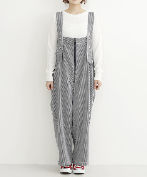 MERLOT(メルロー)の「ヒッコリーストライプ柄フロントジップサロペット052-7099(サロペット/オーバーオール・レディース・ネイビー/ブラウン・FREE)」の16枚目の写真
