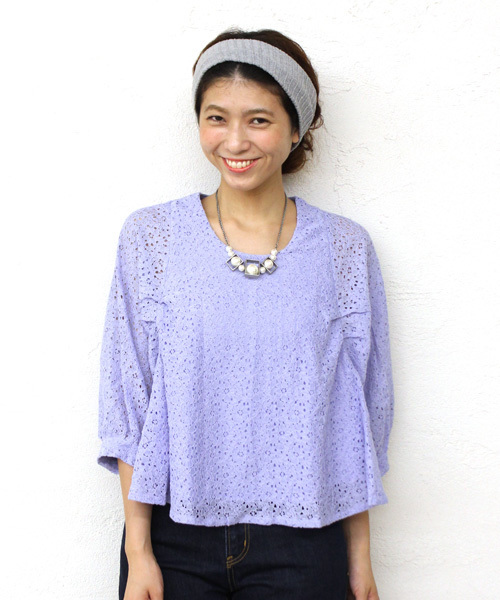 mystic（ミスティック）の「レースバルーン袖ショートプルオーバー（シャツ/ブラウス・レディース・ラベンダー/ベージュ/ブラック/オフホワイト/ネイビー/グリーン・ﾌﾘ-）」の6枚目の写真